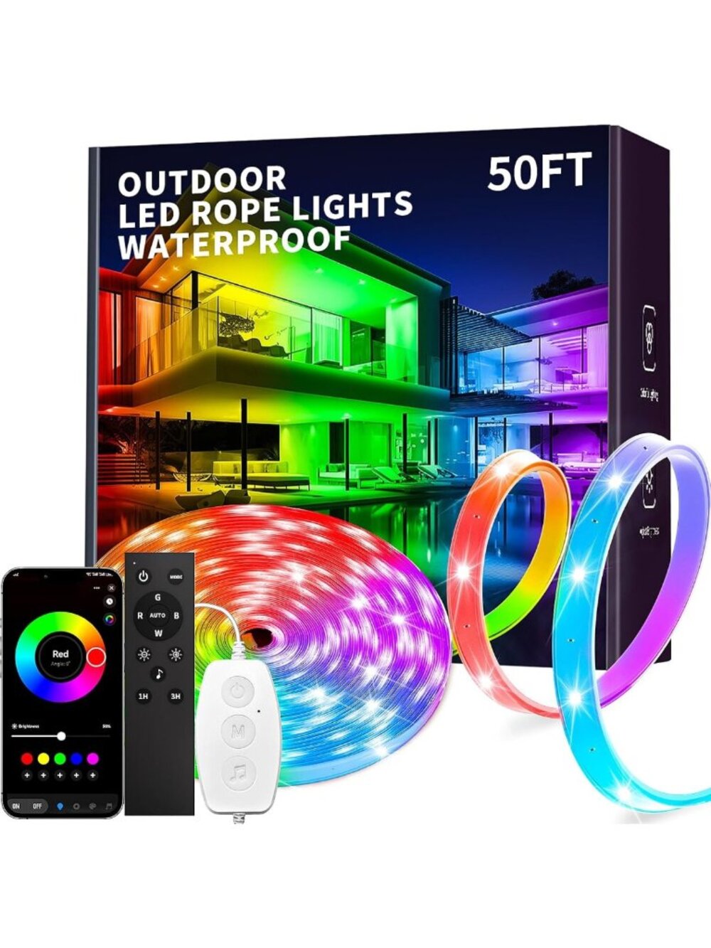50ft Waterproof RGB LED Strip Lights - Bluetooth App Control, Music Sync